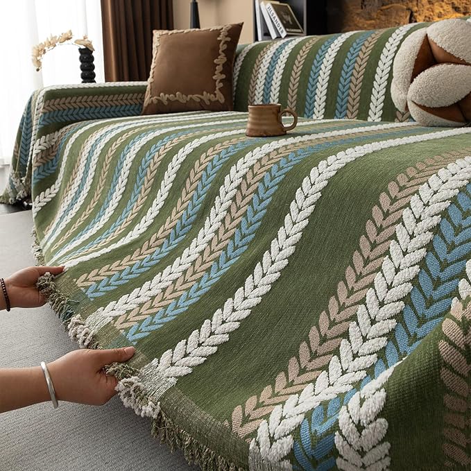 STACYPIK Thick Jacquard Green Couch Cover, Washable Sofa Cover for 2 Cushion Couch, Washable Chenille Couch Cover Blanket, Multi-use Sofa Protector Slipcover, Furniture Protector Pet-Friendly-71X118IN