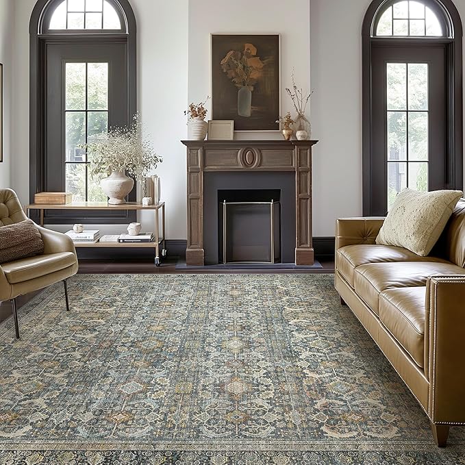 10X14 Area Rugs Machine Washable Rugs for Living Room, Vintage Boho Large Rugs for Bedroom Dining Room, Non Slip Indoor Soft Distressed Lightweight Thin Low Pile Carpet, Terracotta