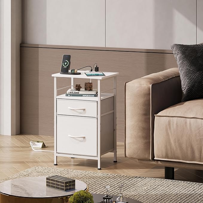 WLIVE Night Stand with Charger Station, White Nightstand with 2 Fabric Drawers, Bedside Table, Small Dresser for Bedroom, Side Table with USB Ports and Outlets