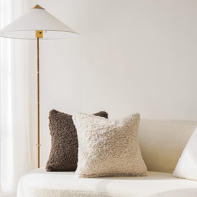 Foindtower 2 Pieces 26x26 Inch Neutral Cream, Faux Fur Throw Pillow Cover Accent Sherpa Pillow Fuzzy Soft Pillowcases Sheepskin Decorative Fleece Cushion Case for Bed Couch Living Room