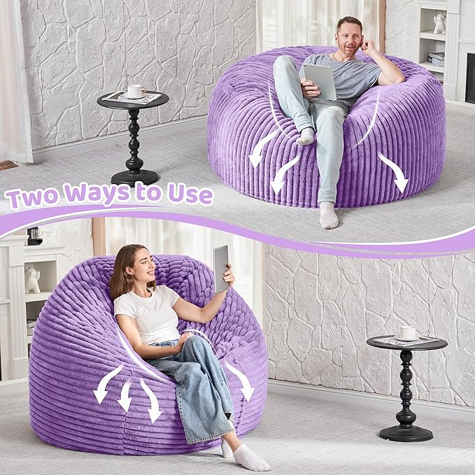 HABUTWAY 3FT Bean Bag Chair, 3' Large Bean Bag Chairs for Adults with Removable Stripe Plush Cover, Memory Foam Beanbag Chair for Living Room Bedroom Dorm (Purple)
