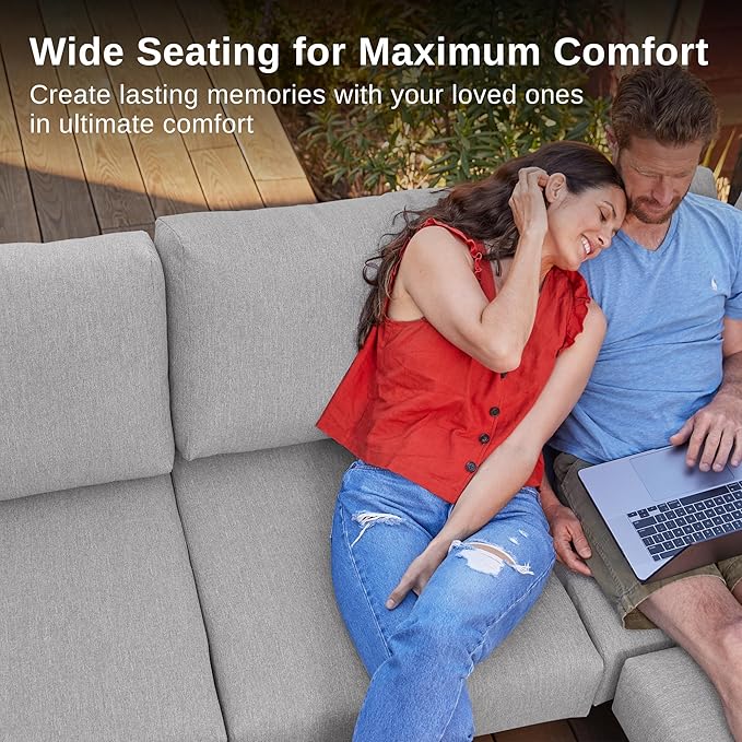 EAST OAK Life Chatter Patio Furniture Set, Outdoor Furniture Sectional Sofa Set with Round Coffee Table, 4 Seats Sofa Deep Seating with Thick & Washable Cushions, Black & Grey