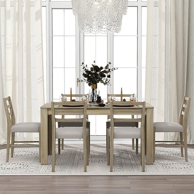 7-Piece Wooden Dining Set with Mutifunctional Extendable Table 12" Leaf and 2 Drawers,Rubber Wood Structure W/ 6 Soft Cushion Chairs,for Dining Room,Natural Wood Wash