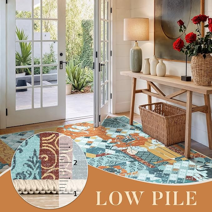GENIMO Floral Runner Rug 2X6, Machine Washable Non Slip Vintage Patchwork Hallway Runner, Ultra-Thin Low Pile Runners for Indoor Entryway, Hallway, Kitchen and Corridor, Navy Blue