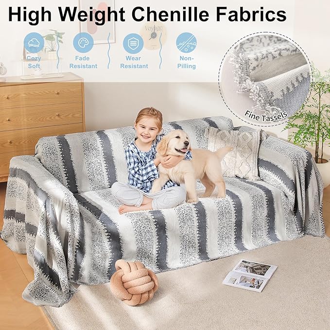 Boho Sofa Cover, Couch Cover Blanket, Sofa Covers for 2 Cushion Couch, Washable Sectional Couch Covers for Dogs Pet Furniture Protector Sofa Blanket Cover for Living Room(1# Grey, 71" x 118")
