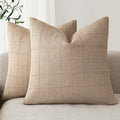 Foindtower Set of 2 Decorative Linen Check Throw Pillow Covers Neutral Farmhouse Vintage Cushion Covers Modern Coastal Boho Home Decor For Sofa Chair Couch Bedroom Living Room Outdoor,22×22 Inch,Camel