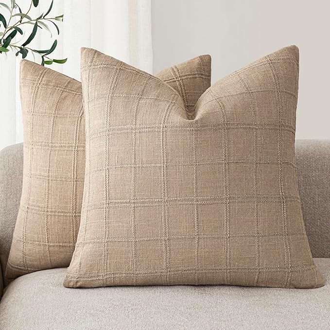 Foindtower Set of 2 Decorative Linen Check Throw Pillow Covers Neutral Farmhouse Vintage Cushion Covers Modern Coastal Boho Home Decor For Sofa Chair Couch Bedroom Living Room Outdoor,20×20 Inch,Camel