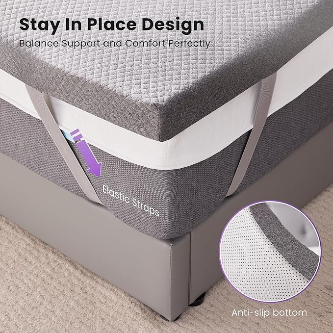 SINWEEK 3 Inch Gel Memory Foam Mattress Topper Queen Size, Pad for Back Pain, Bed Topper with Removable Soft Cover, CertiPUR-US Certified,Grey