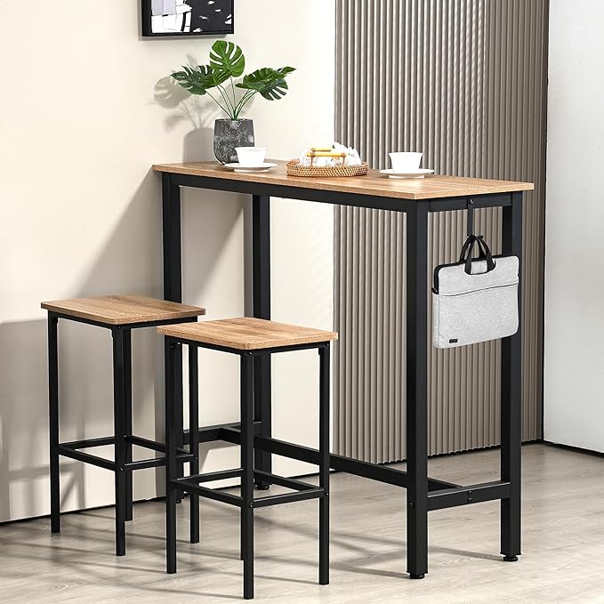 Finnhomy 47" Industrial Bar Table Set with 2 Stools - Counter Height Dining & Pub Table for Small Spaces, Kitchen, Apartment, Breakfast Nook - Metal & Wood, Space-Saving Furniture - Greige