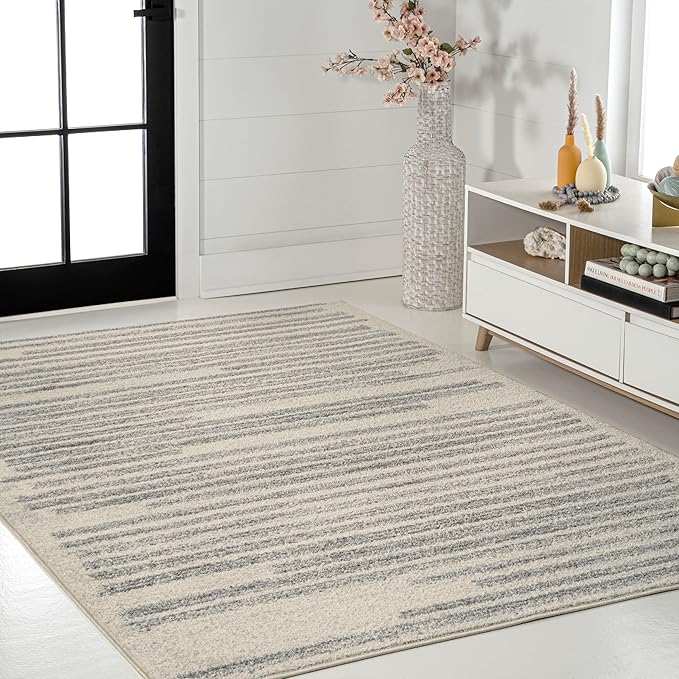 JONATHAN Y Khalil Modern Berber Stripe Cream/Gray Indoor Area Rug, 8x10, Contemporary, Bohemian, Easy-Cleaning for Living Room, Bedroom, Kitchen, Pet Friendly, Non-Shedding (MOH207C-8)