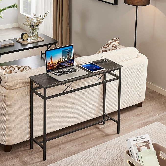 VECELO 39.4In Narrow Sofa/Console Table with Charging Station & Power Outlet and USB Ports, for Entryway, Living Room, Office, Industrial, Metal Frame, Grey