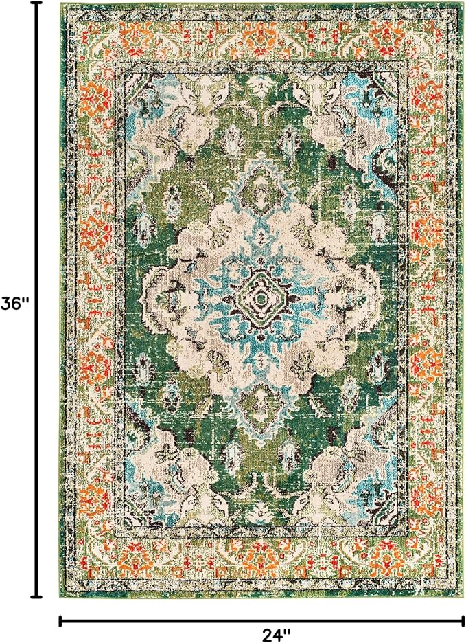 SAFAVIEH Monaco Collection Accent Rug - 2' x 3', Forest Green & Light Blue, Boho Medallion Distressed Design, Non-Shedding & Easy Care, Ideal for High Traffic Areas in Living Room, Bedroom (MNC243F-2)