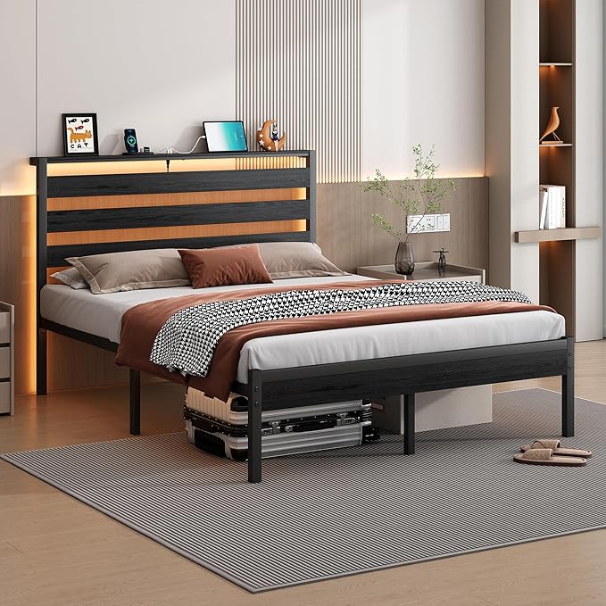 14 Inch Classic Metal Platform Bed Frame-Full Size Bed Frame with Headboard,Steel Slats Support-LED Bed Frame with USB Charging Station,Under Bed Storage,No Box Spring Needed,Noise Free