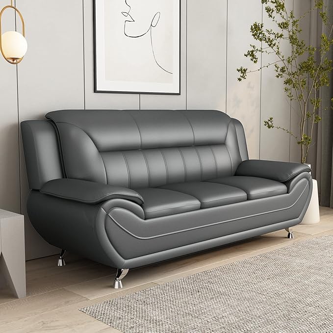 Container Furniture Direct Michael Modern Faux Leather Upholstered Stainless Steel Legs Living Room Sofa, Loveseat, Gray