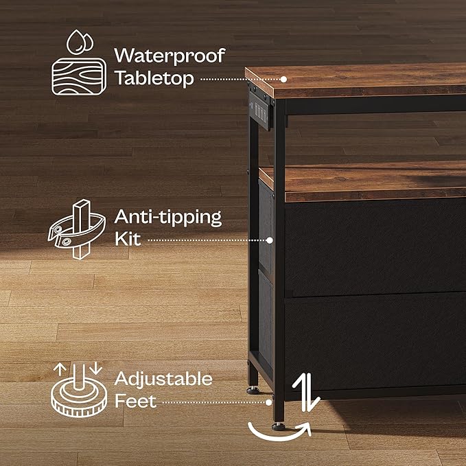 Huuger LED TV Stand for Bedroom, 55 Inch Fabric Dresser with Power Outlets, Entertainment Center for 60, 55 Inch TV, 6 Drawer Dresser for Bedroom, Chest of Drawers with Shlef, PU Leather, Rustic Brown