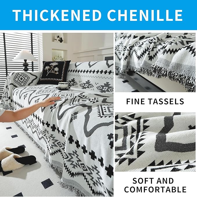 LUFEIJIASHI Boho Couch Covers for Sofa Non Slip Sofa Covers Washable Couch Covers for 3 Cushion Couch Sofa Pet Friendly Sectional Couch Cover Blanket Furniture Protector for Dogs (Black, 71"x134")