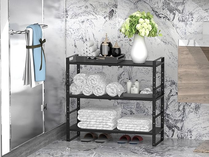 Expandable Stackable Aadjustable Shoe Rack Pantry Shelf for Kitchen Cabinets Counter Shelves Countertop Cupboard Storage Solution,Sturdy Heavy-Duty Metal Construction(2Packs/Black/Medium)