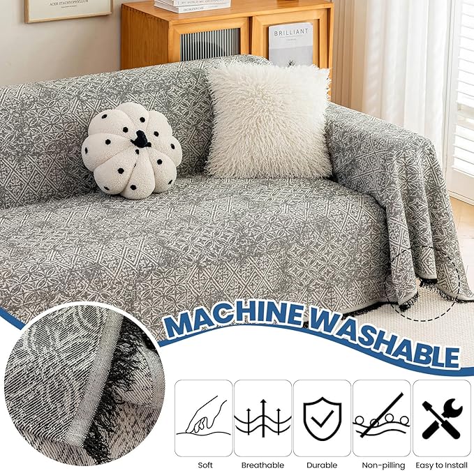 STACYPIK Geometric Pattern Sofa Cover Blanket, Black Couch Throw for Living Room, Couch Covers for Dogs, Washable Furniture Protector for 2 Cushion Sofa with Tassel, Anti-Slip Throw Cover-71X118IN