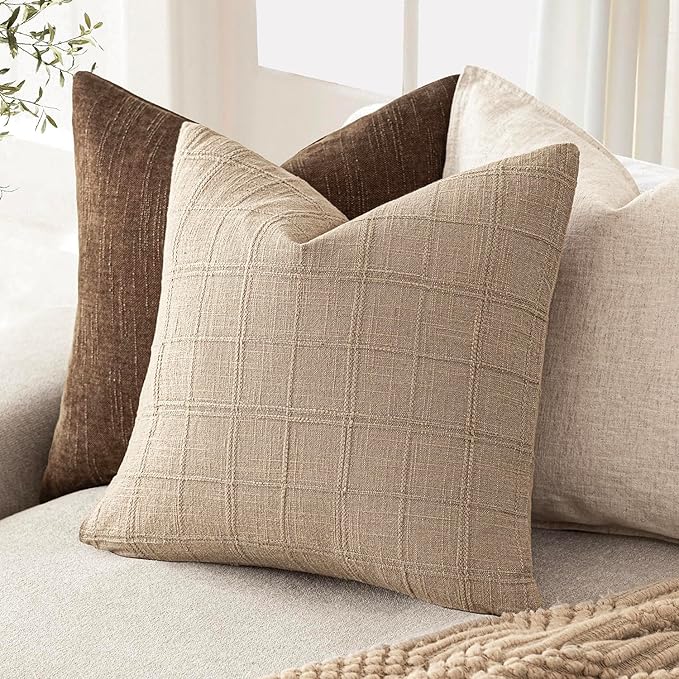 Foindtower Set of 2 Decorative Linen Check Throw Pillow Covers Neutral Farmhouse Vintage Cushion Covers Modern Coastal Boho Home Decor For Sofa Chair Couch Bedroom Living Room Outdoor,20×20 Inch,Camel