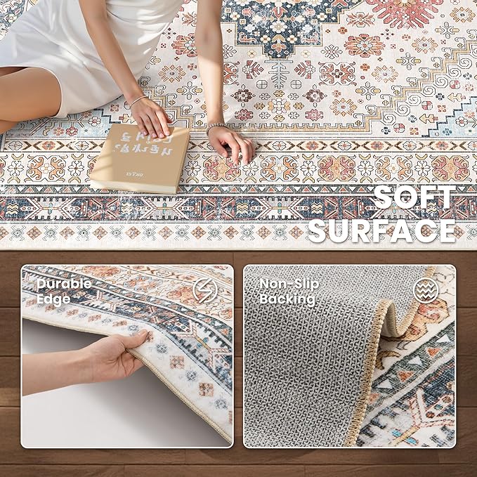 zesthome 6x9 Area Rug, Super Soft Washable Rugs for Living Room, Non-Slip Stain Resistant Vintage Rugs, Ultra-Thin Large Area Rugs (Multi,6'x9')