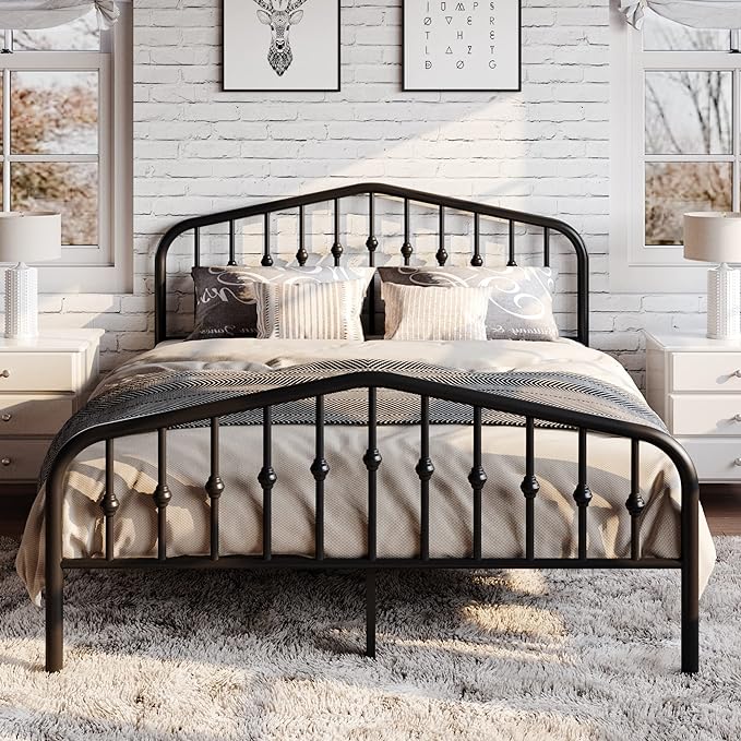 SHA CERLIN Queen Size Metal Platform Bed Frame with Victorian Style Wrought Iron-Art Headboard/Footboard, No Box Spring Required, Black