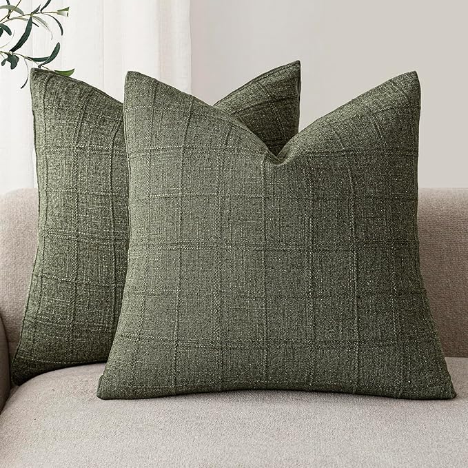 Foindtower Set of 2 Decorative Linen Check Throw Pillow Covers Neutral Farmhouse Vintage Cushion Covers Modern Boho Home Decor for Sofa Chair Couch Bedroom Living Room Outdoor,22×22 Inch,Olive Green