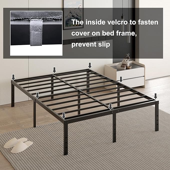 18 Inch King Size Bed Frame with Black Bed Cover, Metal King Size Platform Bed Frame No Box Spring Needed, Heavy Duty Mattress Foundation, Easy Assembly, Noise Free