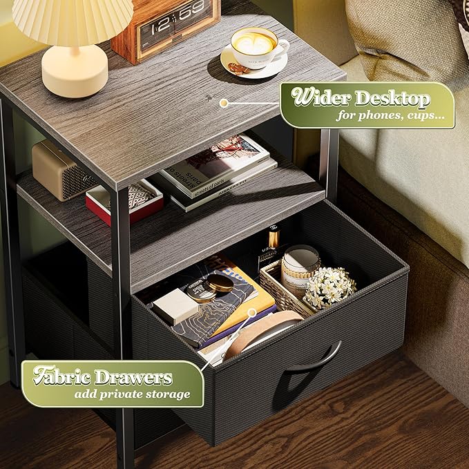 Huuger Night Stand Set of 2, Nightstand with 2 Drawers, Bed Side Table with Open Shelf, Wooden Top, End Table, Fabric Drawer, for Bedroom, Grey