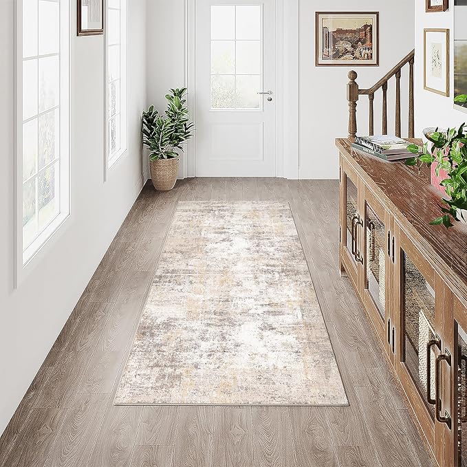 2x6 Washable Runner Rug Beige Grey Neutral Abstract Hallway Kitchen Living Room Bedroom Non Slip Throw Rug Soft Low Pile Indoor Carpet for Entrance Laundry Bathroom