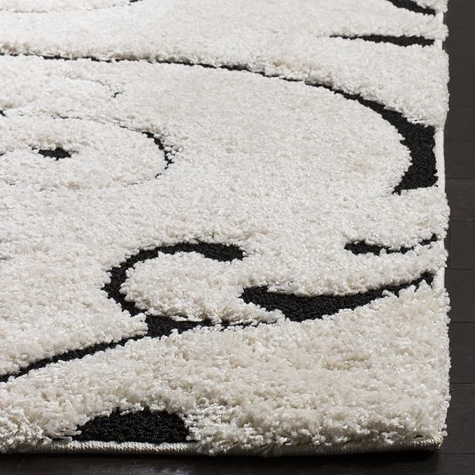 SAFAVIEH Florida Shag Collection Runner Rug - 2'3" x 9', Ivory & Black, Scroll Design, Non-Shedding & Easy Care, 1.2-inch Thick Ideal for High Traffic Areas in Living Room, Bedroom (SG455-1290)