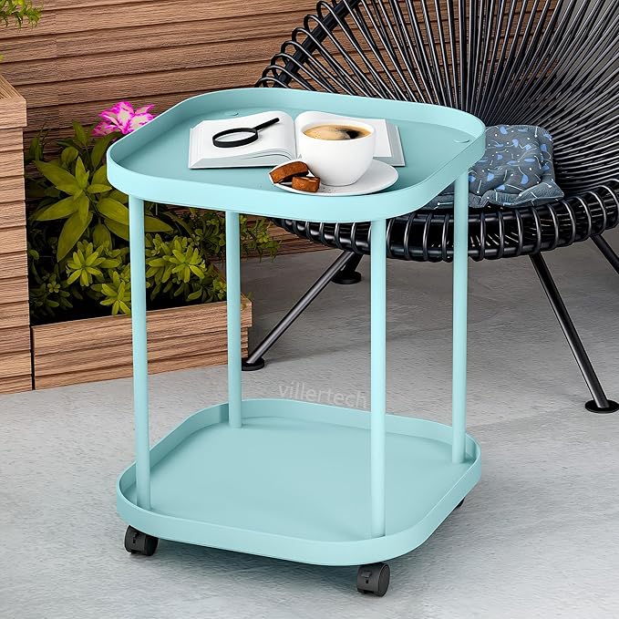 Side Table with Wheels, End Table Living Room Plastic Mobile Sofa Side Table Small Night Stand Bedroom Blue