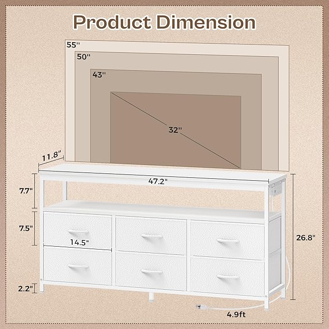 Huuger LED TV Stand for Bedroom, 47 Inch Dresser TV Stand for 43, 50, 55 Inch TV, White TV Stand with Storage, Entertainment Center with Power Outlets, 6 Drawer Fabric Dresser for Living Room