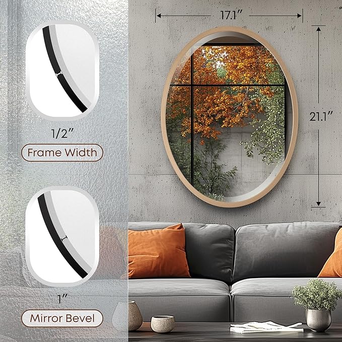OVALCREST - Oval Wooden Beveled Wall Mirror for Home Decor, Bathroom, Vanity, Bedroom, Living Room, Hallway - London Style (Gold Spray) 17.1 x 21.1