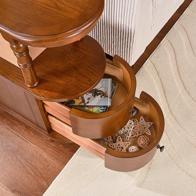 2 Set of Wood End Table with 2 Drawers and Storage Shelf, Narrow Sofa Side Table for Living Room, Vintage Slim Nightstand Bedside Table for Bedroom, Slim Chair Side Table Cherry Brown A508MG