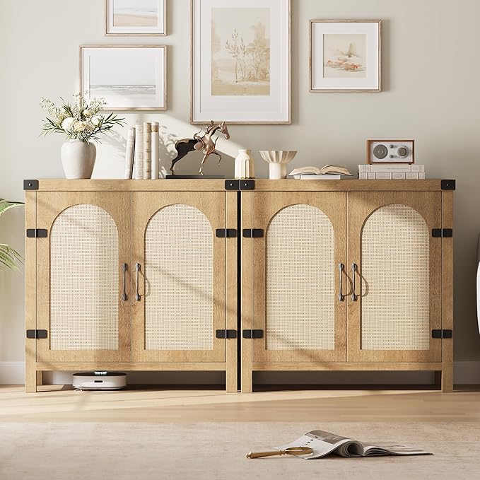 Garvee 31.5'' Small Rattan Buffet Cabinet with Storage, Kitchen Coffee Bar Cabinet with Doors, Boho Farmhouse Sideboard with Adjustable Shelves and Handle for Kitchen, Living Room, Natural
