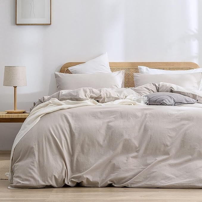 BESTOUCH Duvet Cover Set 100% Washed Cotton Linen Feel Super Soft Comfortable Chic Lightweight 3 PCs Home Bedding Set Solid Linen Grey Oversized Full