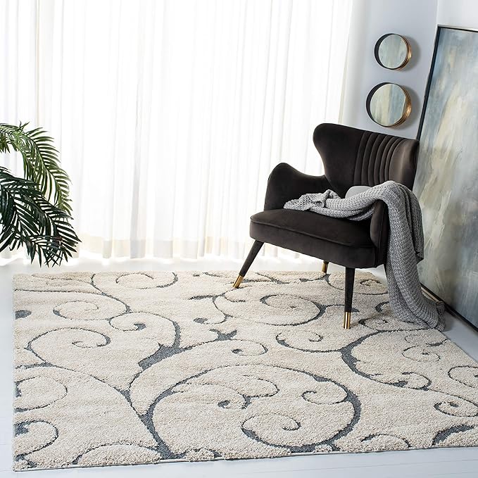 SAFAVIEH Florida Shag Collection Area Rug - 6'7" Square, Beige & Blue Grey, Scroll Design, Non-Shedding & Easy Care, 1.2-inch Thick Ideal for High Traffic Areas in Living Room, Bedroom (SG455-1155)