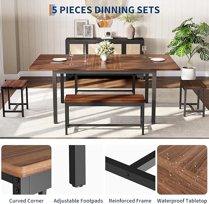 IDEALHOUSE 5-Piece Extendable Dining Table Set for 4-8 People, 63 Inch Kitchen Table with 2 Benches & 2 Stools, Space Saving Modern Dining Room Furniture, Easy Assembly, Brown