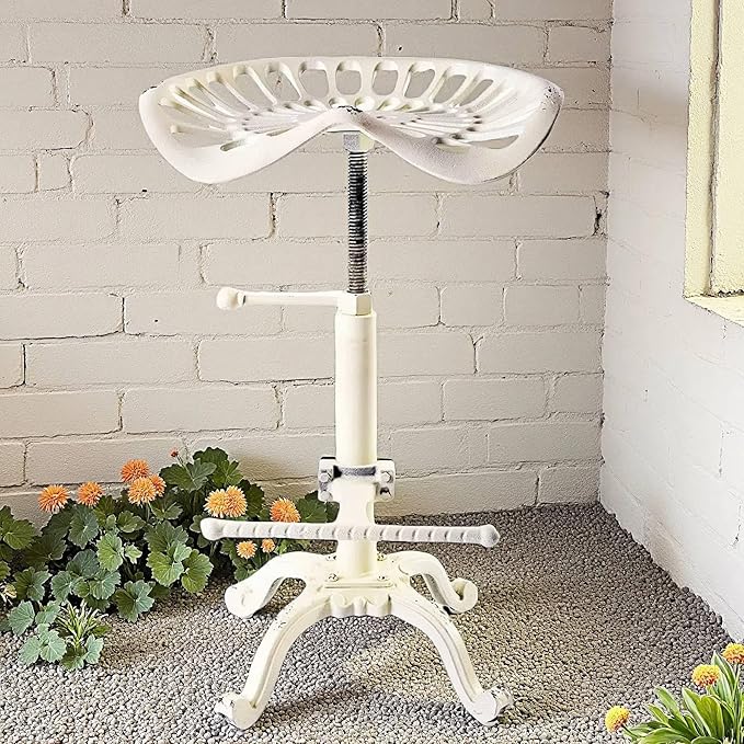 Diwhy Rustic Industrial Farmhouse Tractor Seat Adjustable Height 21.65-27.56in Bar Stool Industrial Bar Chair (Aged White, Cast Iron)