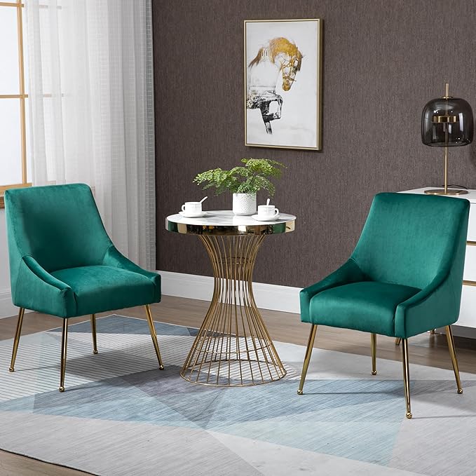 Modern Velvet Dining Chairs Set of 4, Contemporary Upholstered Furniture Collection with Polished Gold Metal Legs, Elegant Accent Chairs for Kitchen Living Room(Green)