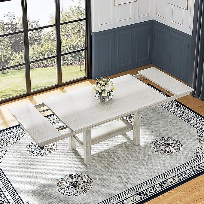7-Piece Solid Wood Dining Table Set for 6, Extendable Table with 6 Chairs – Easy Assembly for Indoor Use, Kitchen, Dining Room, Grey