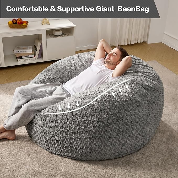 Hobestluk 5ft Bean Bag Chairs for Adults Large Beanbag Chair with Chevron Plush Fur Cover Big Bean Bag Chair for Living Room Bedroom Dorm Office - Grey (50” x 50” x 24”)