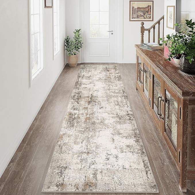 2x10 Washable Runner Rug Brown Grey Neutral Abstract Hallway Kitchen Living Room Bedroom Non Slip Throw Rug Soft Low Pile Indoor Carpet for Entrance Laundry Bathroom