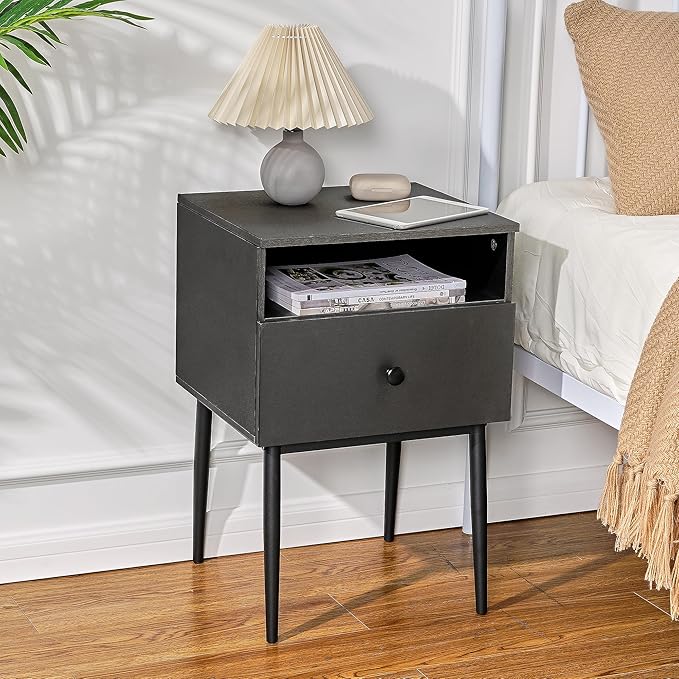 VECELO Modern Wood Night Stand,Square End Table Side Table with Drawer and Storage Space Gray Bedside Table for Bedroom Living Room Office