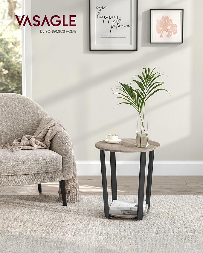 VASAGLE End Table, Round Side Table with Storage Shelf, Easy Assembly, Industrial Accent Furniture with Steel Frame, Heather Greige and Black ULET057B02