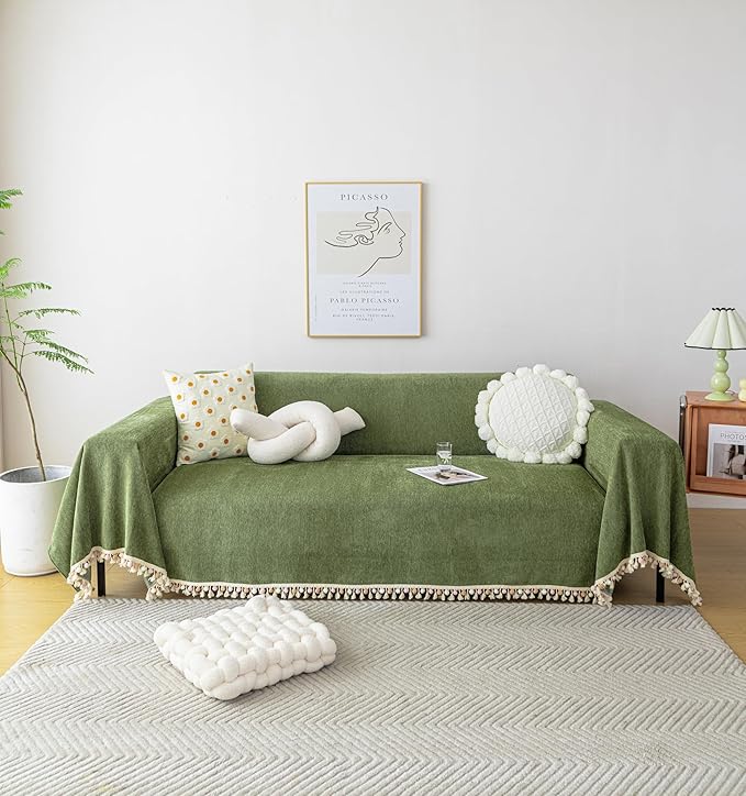 HANDONTIME Green Sofa Cover Vintage Couch Cover for Dogs 91" X150" Couch Cushion Covers with Tassel Herringbone Sofa Cover Boho Sofa Covers for 3 Cushion Couch Chenille Soft Loveseat Sofa Covers