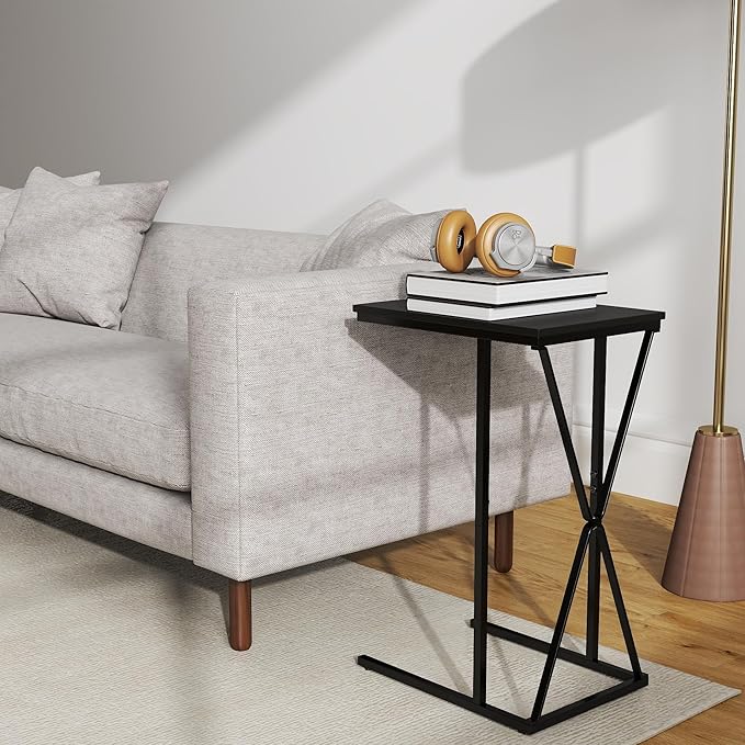 Manora TV Dinner Tray Table, C Shaped End Table for Couch, Slide Under Couch Table for Small Space, Living Room or Bedroom, Black