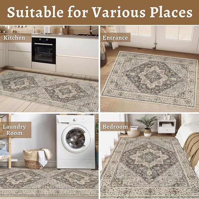 Tangsoo 6x9 Area Rug Washable Rug for Living Room, Vintage Indoor Non Slip Large Area Rugs, Print Distressed Brown Carpet, Soft Low Pile Foldable Floor Rug for Bedroom Dining Room