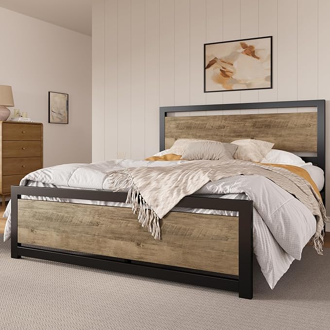 SHA CERLIN Queen Size Bed Frame with Modern Headboard, Heavy Duty Platform Metal Base with Square Footboard and 13 Strong Slats Support, No Box Spring Needed, Brown