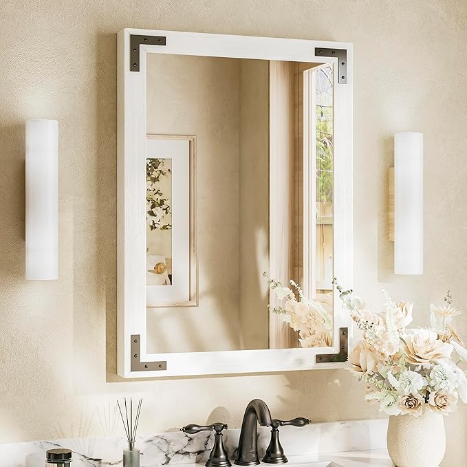 TETOTE 22 x 30 White Wood Framed Mirror for Bathroom Wall/Bedroom/Living Room/Entryway Farmhouse Rustic Bathroom Vanity Mirror for Wall Waterproof (Horizontal/Vertical Mounted)